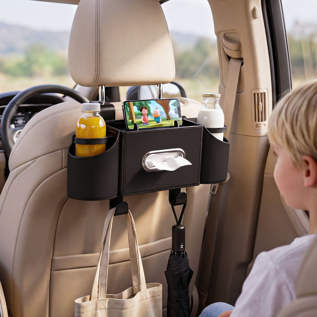 Car Seat Back Organizer with Cup Holders & Tissue Box