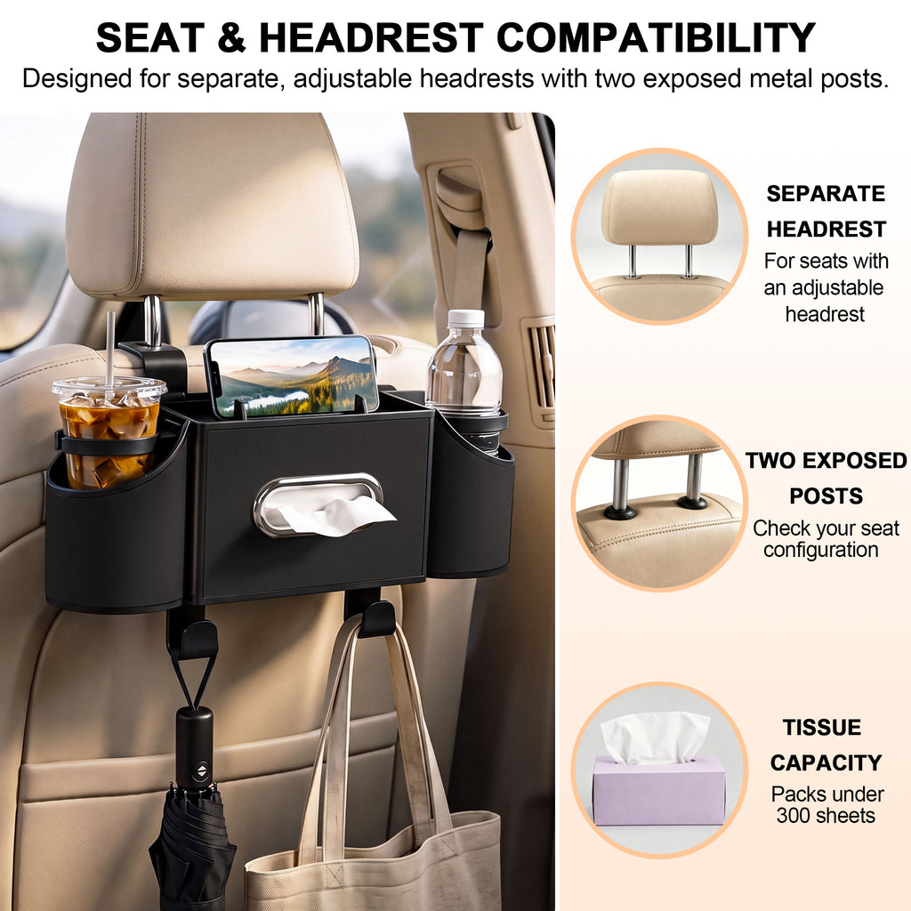 Car Seat Back Organizer with Cup Holders & Tissue Box