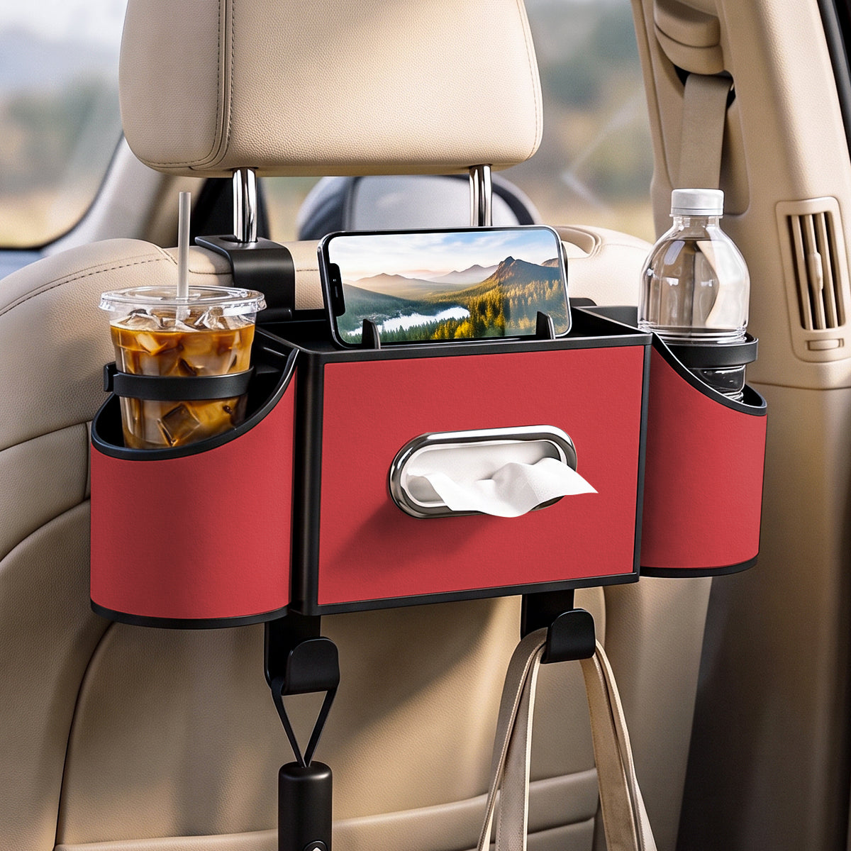 Car Seat Back Organizer with Cup Holders & Tissue Box