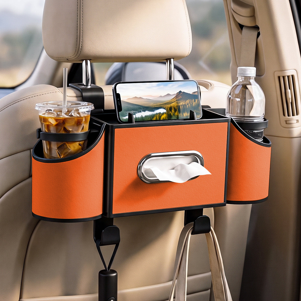 Car Seat Back Organizer with Cup Holders & Tissue Box