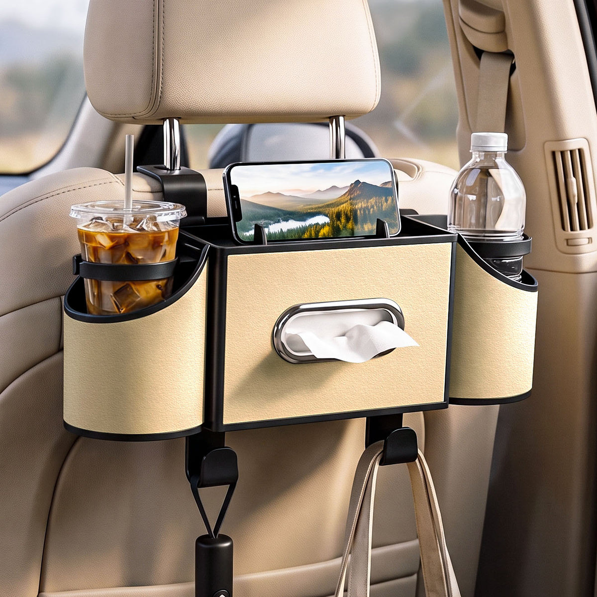 Car Seat Back Organizer with Cup Holders & Tissue Box