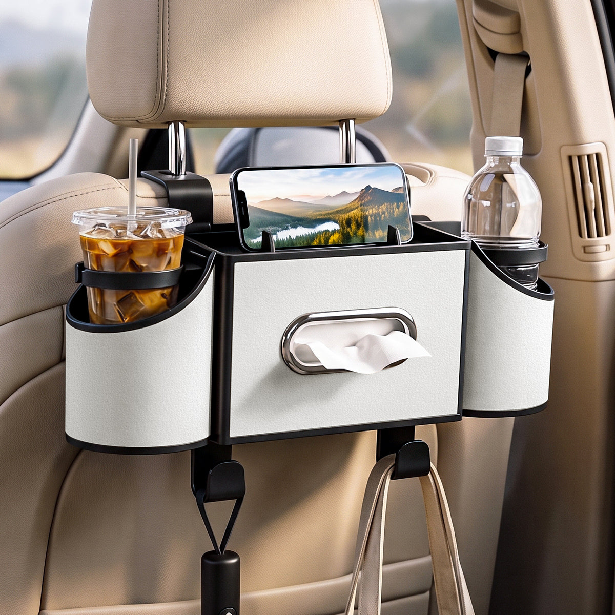 Car Seat Back Organizer with Cup Holders & Tissue Box