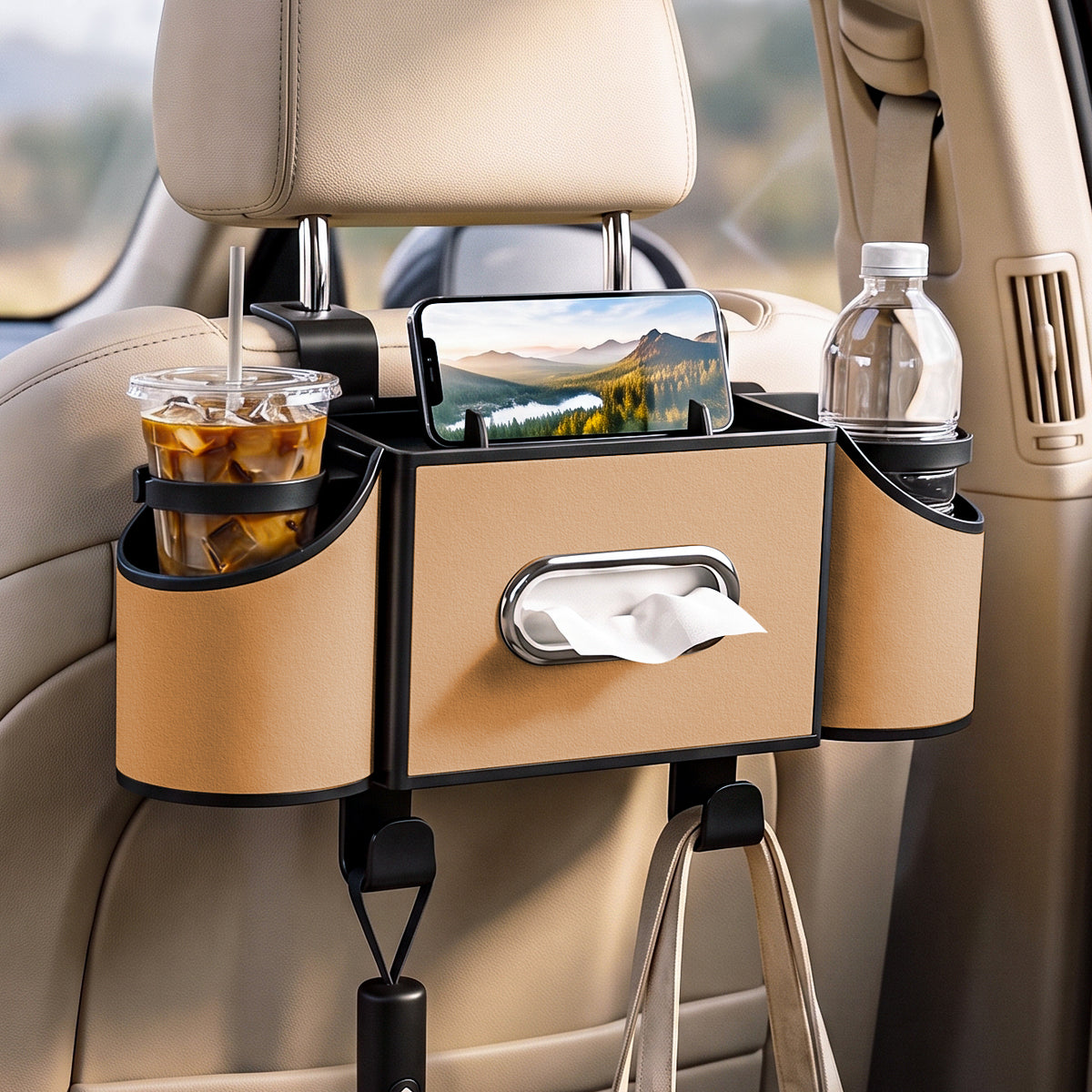 Car Seat Back Organizer with Cup Holders & Tissue Box