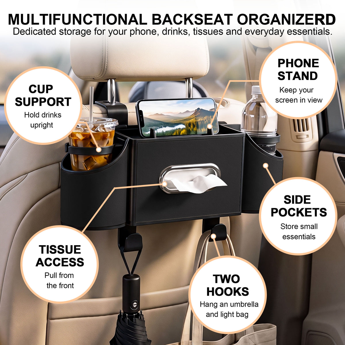 Car Seat Back Organizer with Cup Holders & Tissue Box