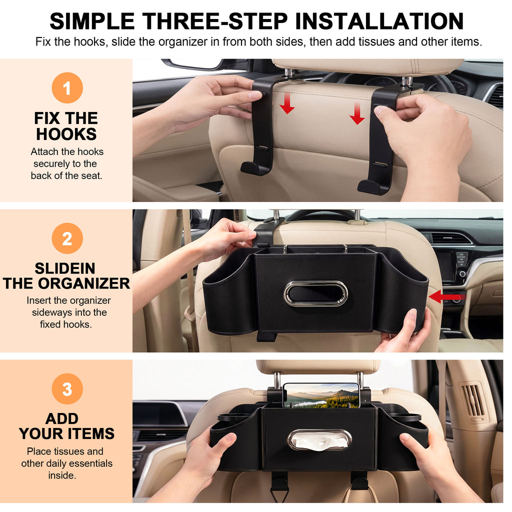 Car Seat Back Organizer with Cup Holders & Tissue Box
