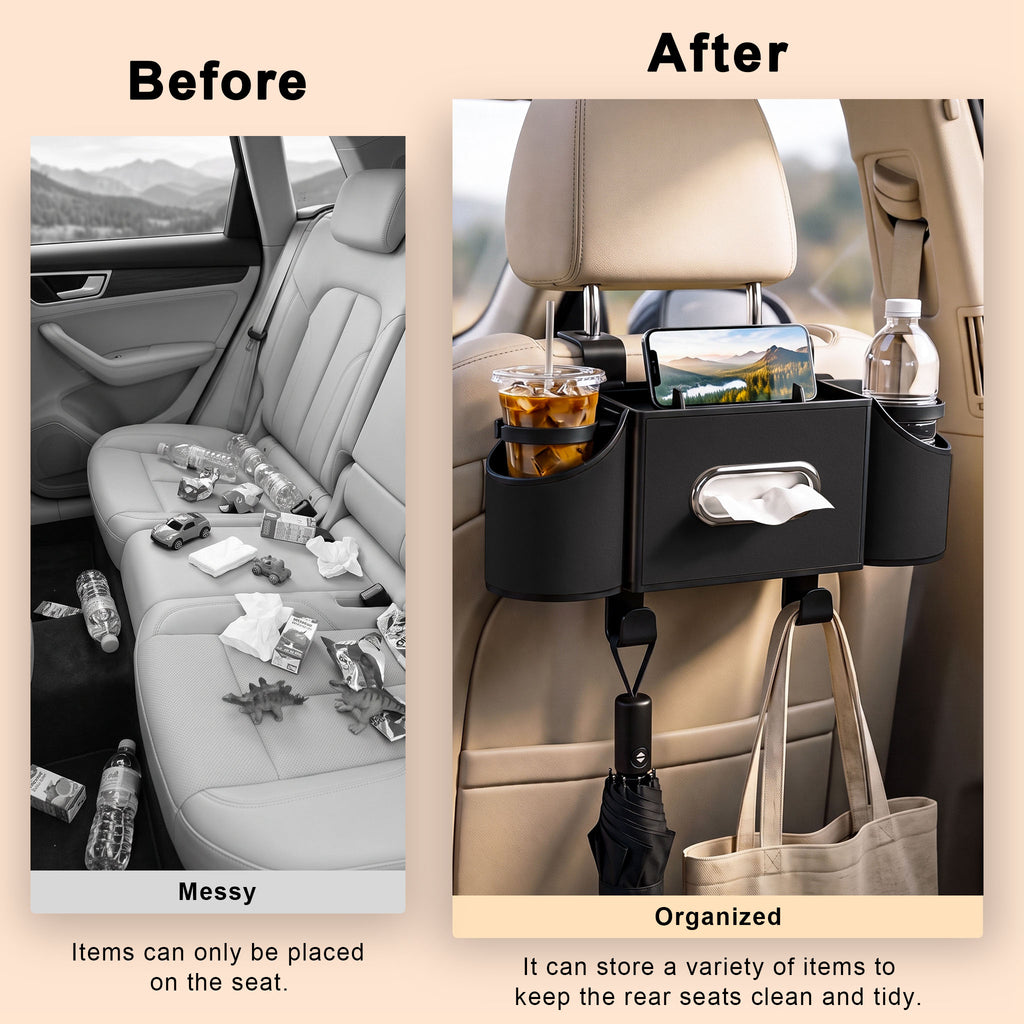Car Seat Back Organizer with Cup Holders & Tissue Box